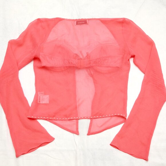 Danielle Guizio Long Sleeve Pearl Trim Top In Punch Silk Size XS - Picture 8 of 14